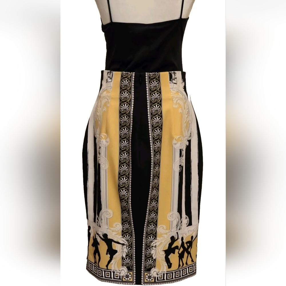 Versace Collection Baroque Greek Key Black Gold Stripe Fully Lined Midi Skirt - Picture 10 of 15